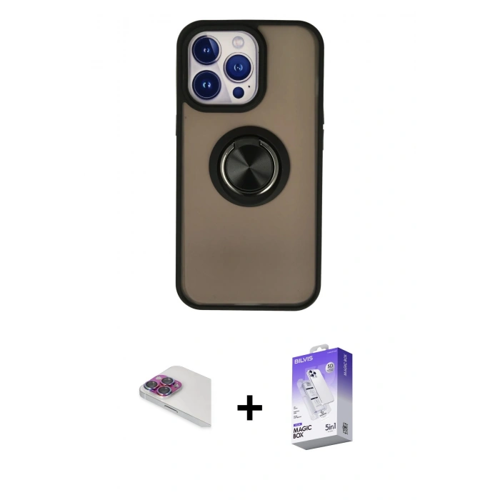 MARSİLYAN™- iPhone 13 Pro Max Kılıf Yörünge Çizgi - Siyah Bilvis 5in1 3D Magic Cam Ekran Koruyucu + Pers Alüminyum Kamera Lens - GI