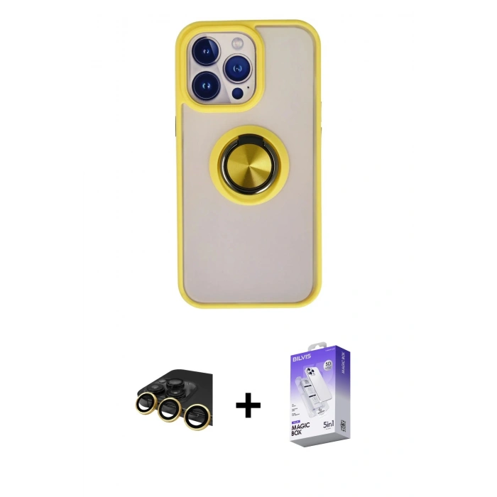 MARSİLYAN™- iPhone 13 Pro Max Kılıf Yörünge Çizgi - Siyah Bilvis 5in1 3D Magic Cam Ekran Koruyucu + Raze Metal Kamera Lens - GD
