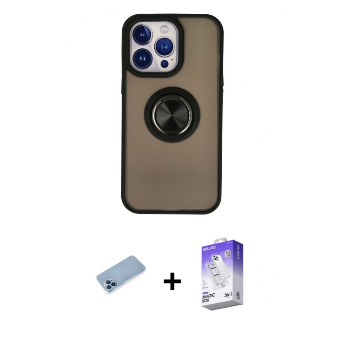 MARSİLYAN™- iPhone 13 Pro Max Kılıf Yörünge Çizgi - Siyah Bilvis 5in1 3D Magic Cam Ekran Koruyucu + Shine Kamera Lens Koruma Cam - MI