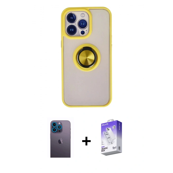 MARSİLYAN™- iPhone 13 Pro Max Kılıf Yörünge Çizgi - Siyah Bilvis 5in1 3D Magic Cam Ekran Koruyucu + Neon Fosforlu Kamera Lens - MI
