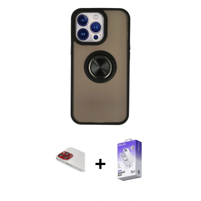 MARSİLYAN™- iPhone 13 Pro Max Kılıf Yörünge Çizgi - Siyah Bilvis 5in1 3D Magic Cam Ekran Koruyucu + Pers Alüminyum Kamera Lens - KI
