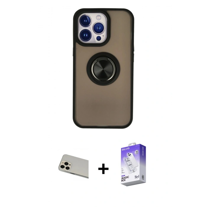 MARSİLYAN™- iPhone 13 Pro Max Kılıf Yörünge Çizgi - Siyah Bilvis 5in1 3D Magic Cam Ekran Koruyucu + Rainbow Kamera Lens Koruma Cam - REGD