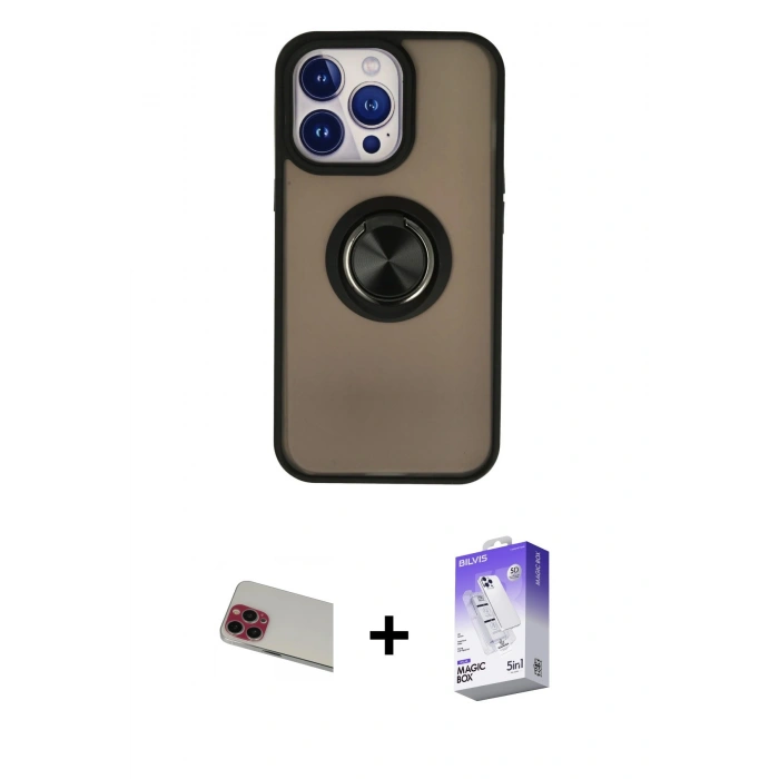 MARSİLYAN™- iPhone 13 Pro Max Kılıf Yörünge Çizgi - Siyah Bilvis 5in1 3D Magic Cam Ekran Koruyucu + Rainbow Kamera Lens Koruma Cam - KI