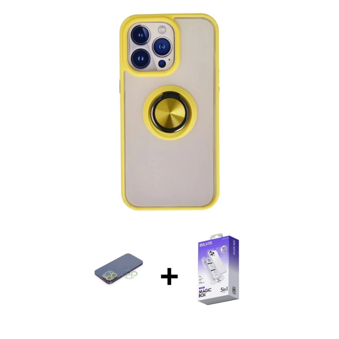 MARSİLYAN™- iPhone 13 Pro Max Kılıf Yörünge Çizgi - Siyah Bilvis 5in1 3D Magic Cam Ekran Koruyucu + Renkli Kamera Lens Koruma Cam - YL