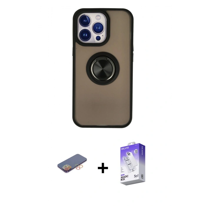 MARSİLYAN™- iPhone 13 Pro Max Kılıf Yörünge Çizgi - Siyah Bilvis 5in1 3D Magic Cam Ekran Koruyucu + Renkli Kamera Lens Koruma Cam - TU
