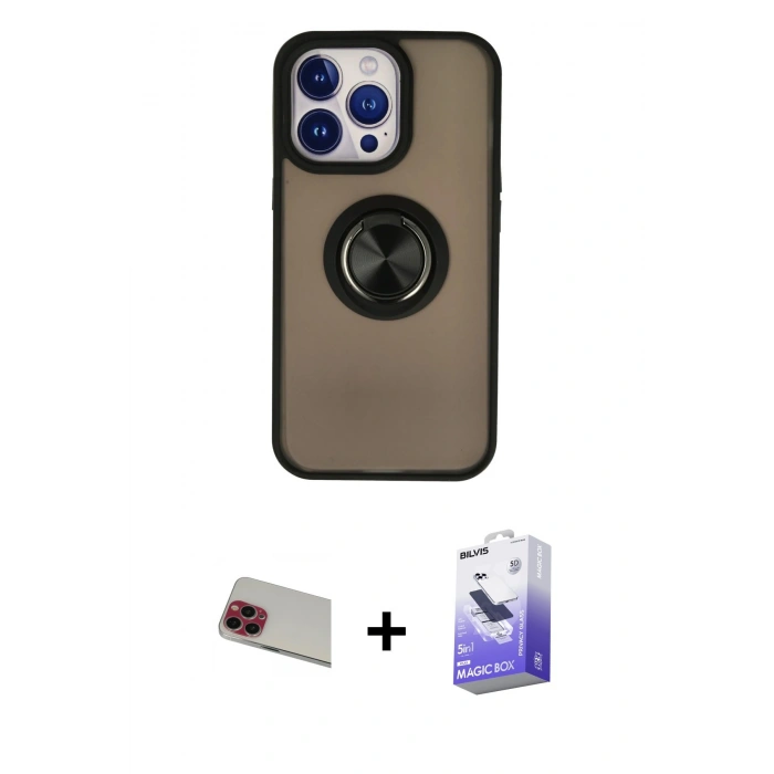 MARSİLYAN™- iPhone 13 Pro Max Kılıf Yörünge Çizgi - Siyah Bilvis 5in1 5D Magic Hayalet Cam Ekran Koruyucu + Rainbow Kamera Lens Koruma Cam - KI