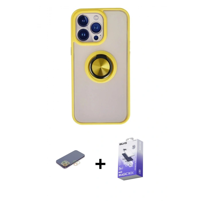 MARSİLYAN™- iPhone 13 Pro Max Kılıf Yörünge Çizgi - Siyah Bilvis 5in1 5D Magic Hayalet Cam Ekran Koruyucu + Renkli Kamera Lens Koruma Cam - SI