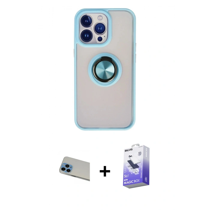 MARSİLYAN™- iPhone 13 Pro Max Kılıf Yörünge Çizgi - Siyah Bilvis 5in1 5D Magic Hayalet Cam Ekran Koruyucu + Mavi Rainbow Kamera Lens Koruma Cam