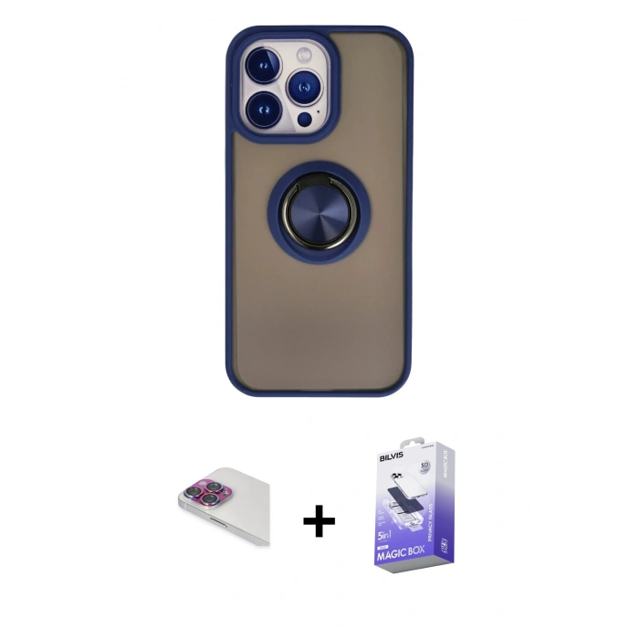 MARSİLYAN™- iPhone 13 Pro Max Kılıf Yörünge Çizgi - Siyah Bilvis 5in1 5D Magic Hayalet Cam Ekran Koruyucu + Pers Alüminyum Kamera Lens - GI