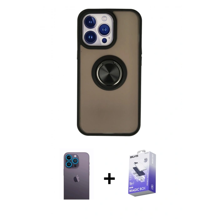 MARSİLYAN™- iPhone 13 Pro Max Kılıf Yörünge Çizgi - Siyah Bilvis 5in1 5D Magic Hayalet Cam Ekran Koruyucu + Mavi Neon Fosforlu Kamera Lens