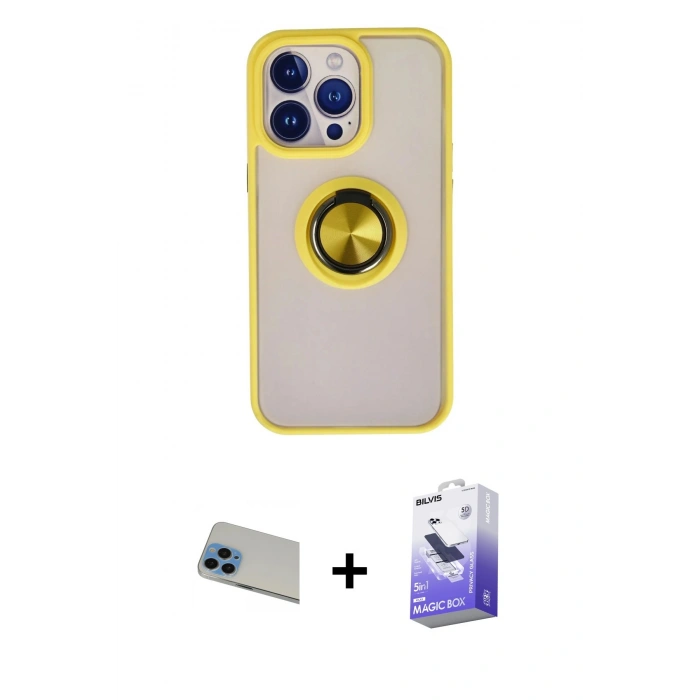 MARSİLYAN™- iPhone 13 Pro Max Kılıf Yörünge Çizgi - Siyah Bilvis 5in1 5D Magic Hayalet Cam Ekran Koruyucu + Mavi Rainbow Kamera Lens Koruma Cam