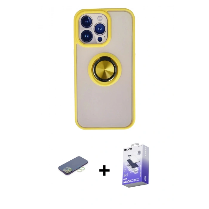 MARSİLYAN™- iPhone 13 Pro Max Kılıf Yörünge Çizgi - Siyah Bilvis 5in1 5D Magic Hayalet Cam Ekran Koruyucu + Renkli Kamera Lens Koruma Cam - YL