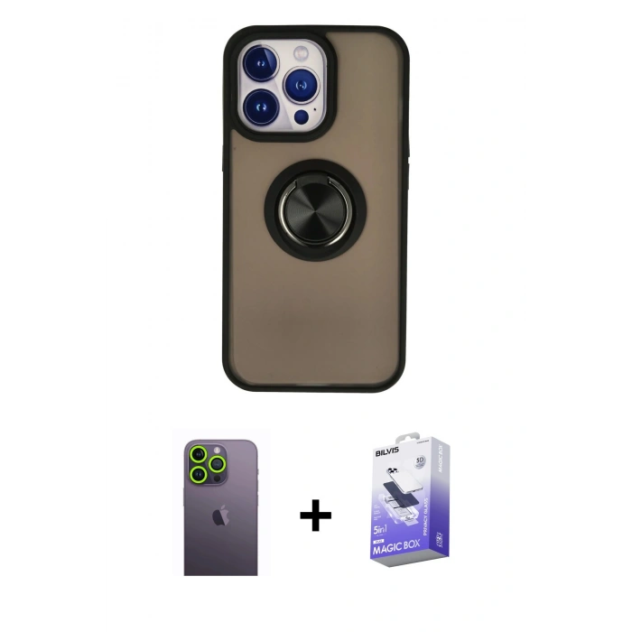 MARSİLYAN™- iPhone 13 Pro Max Kılıf Yörünge Çizgi - Siyah Bilvis 5in1 5D Magic Hayalet Cam Ekran Koruyucu + Neon Fosforlu Kamera Lens - YL
