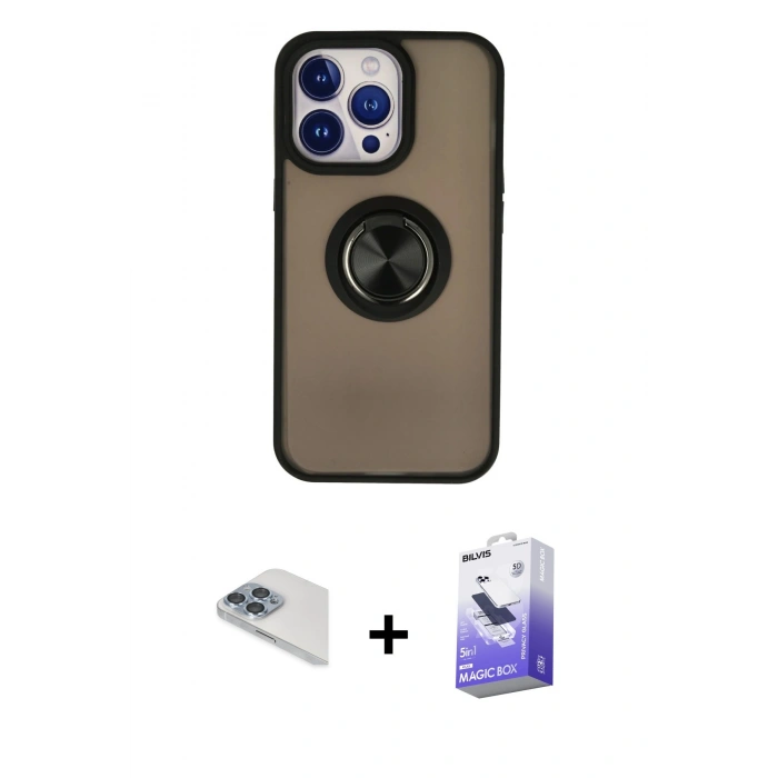 MARSİLYAN™- iPhone 13 Pro Max Kılıf Yörünge Çizgi - Siyah Bilvis 5in1 5D Magic Hayalet Cam Ekran Koruyucu + Pers Alüminyum Kamera Lens - SABE