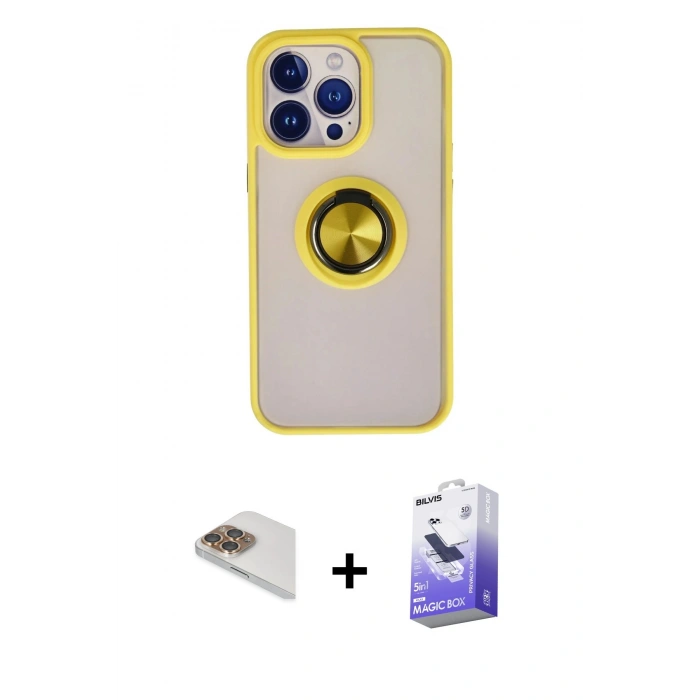 MARSİLYAN™- iPhone 13 Pro Max Kılıf Yörünge Çizgi - Siyah Bilvis 5in1 5D Magic Hayalet Cam Ekran Koruyucu + Gold Pers Alüminyum Kamera Lens