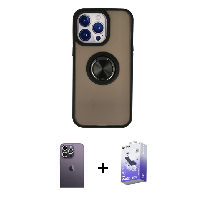 MARSİLYAN™- iPhone 13 Pro Max Kılıf Yörünge Çizgi - Siyah Bilvis 5in1 5D Magic Hayalet Cam Ekran Koruyucu + Neon Fosforlu Kamera Lens - BZ