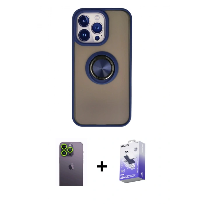 MARSİLYAN™- iPhone 13 Pro Max Kılıf Yörünge Çizgi - Siyah Bilvis 5in1 5D Magic Hayalet Cam Ekran Koruyucu + Neon Fosforlu Kamera Lens - YL