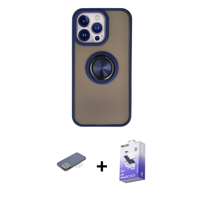 MARSİLYAN™- iPhone 13 Pro Max Kılıf Yörünge Çizgi - Siyah Bilvis 5in1 5D Magic Hayalet Cam Ekran Koruyucu + Renkli Kamera Lens Koruma Cam - YL