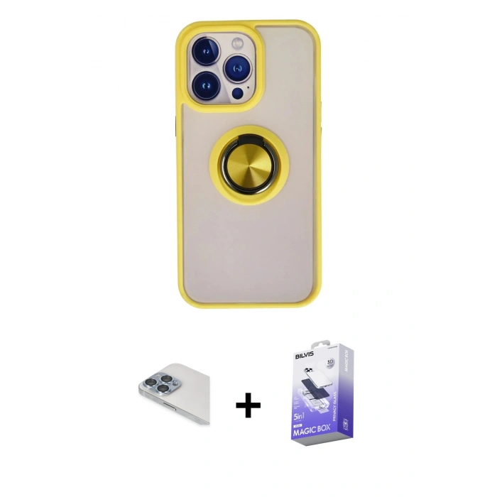MARSİLYAN™- iPhone 13 Pro Max Kılıf Yörünge Çizgi - Siyah Bilvis 5in1 5D Magic Hayalet Cam Ekran Koruyucu + Pers Alüminyum Kamera Lens - SABE