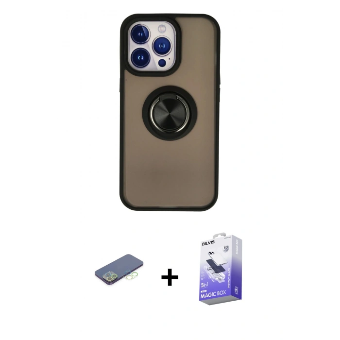 MARSİLYAN™- iPhone 13 Pro Max Kılıf Yörünge Çizgi - Siyah Bilvis 5in1 5D Magic Hayalet Cam Ekran Koruyucu + Renkli Kamera Lens Koruma Cam - YL