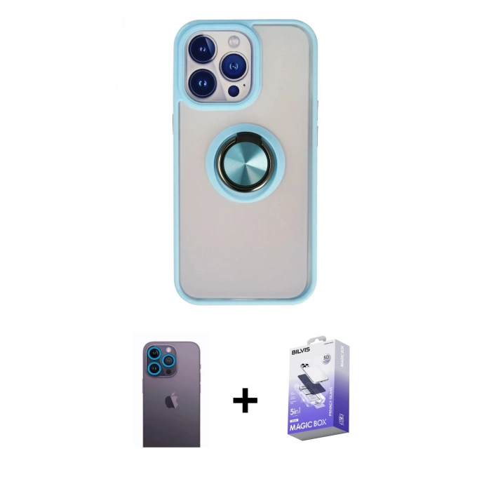 MARSİLYAN™- iPhone 13 Pro Max Kılıf Yörünge Çizgi - Siyah Bilvis 5in1 5D Magic Hayalet Cam Ekran Koruyucu + Mavi Neon Fosforlu Kamera Lens