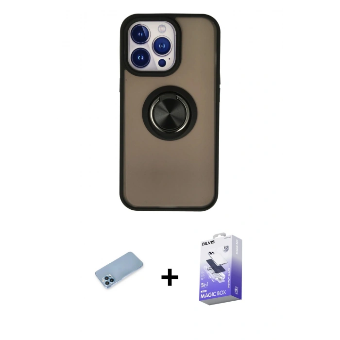 MARSİLYAN™- iPhone 13 Pro Max Kılıf Yörünge Çizgi - Siyah Bilvis 5in1 5D Magic Hayalet Cam Ekran Koruyucu + Shine Kamera Lens Koruma Cam - MI