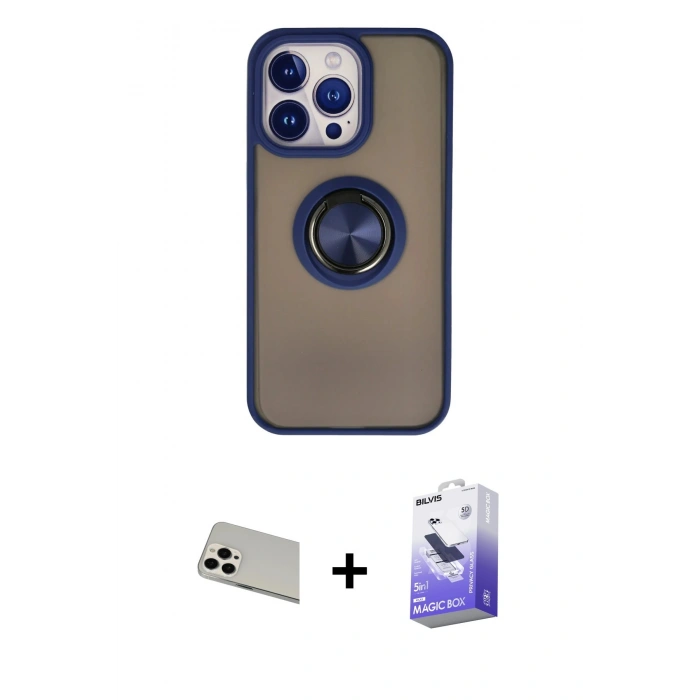 MARSİLYAN™- iPhone 13 Pro Max Kılıf Yörünge Çizgi - Siyah Bilvis 5in1 5D Magic Hayalet Cam Ekran Koruyucu + Rainbow Kamera Lens Koruma Cam - BZ