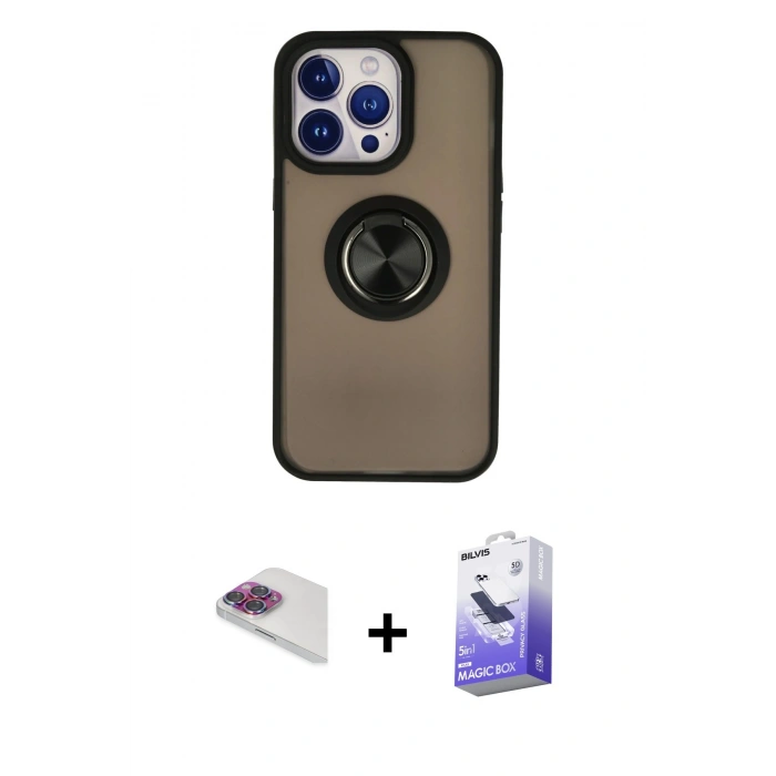 MARSİLYAN™- iPhone 13 Pro Max Kılıf Yörünge Çizgi - Siyah Bilvis 5in1 5D Magic Hayalet Cam Ekran Koruyucu + Pers Alüminyum Kamera Lens - GI