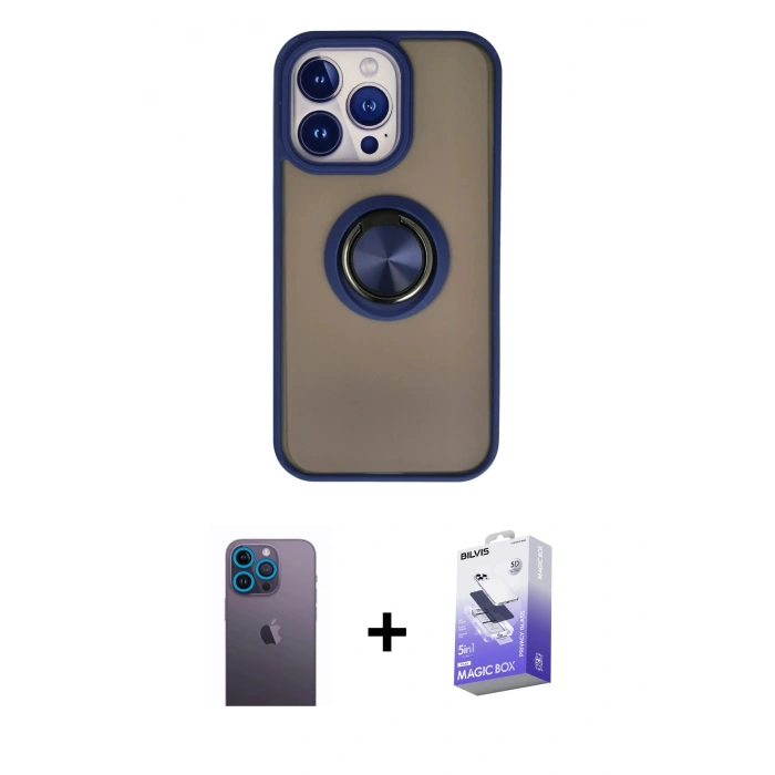 MARSİLYAN™- iPhone 13 Pro Max Kılıf Yörünge Çizgi - Siyah Bilvis 5in1 5D Magic Hayalet Cam Ekran Koruyucu + Mavi Neon Fosforlu Kamera Lens