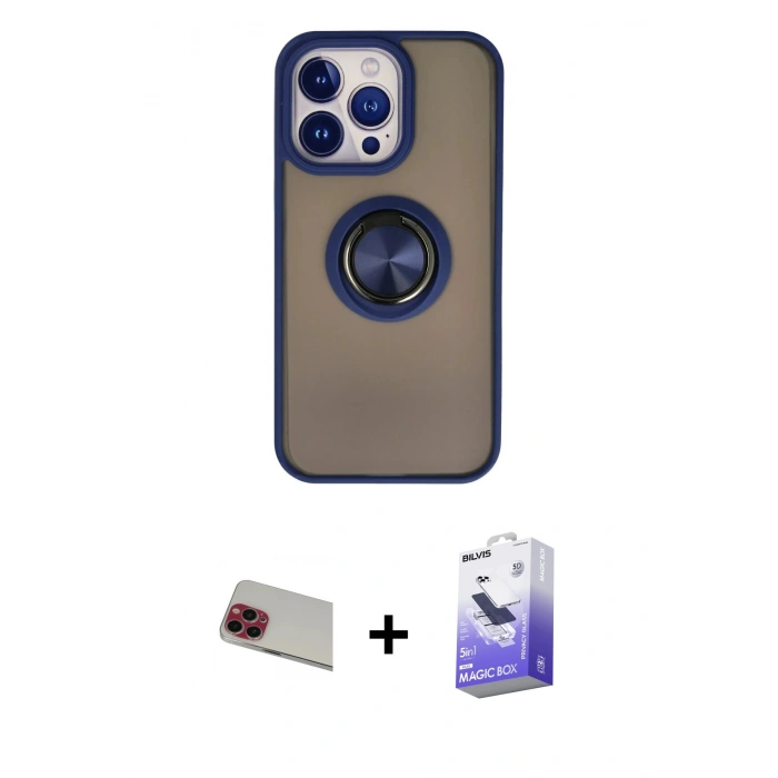 MARSİLYAN™- iPhone 13 Pro Max Kılıf Yörünge Çizgi - Siyah Bilvis 5in1 5D Magic Hayalet Cam Ekran Koruyucu + Rainbow Kamera Lens Koruma Cam - KI