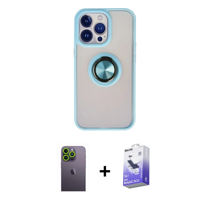 MARSİLYAN™- iPhone 13 Pro Max Kılıf Yörünge Çizgi - Siyah Bilvis 5in1 5D Magic Hayalet Cam Ekran Koruyucu + Neon Fosforlu Kamera Lens - YL