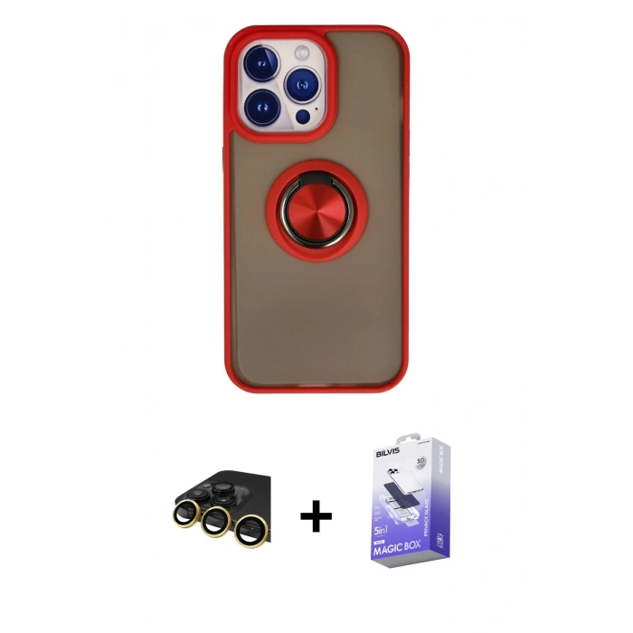 MARSİLYAN™- iPhone 13 Pro Max Kılıf Yörünge Çizgi - Siyah Bilvis 5in1 5D Magic Hayalet Cam Ekran Koruyucu + Gold Raze Metal Kamera Lens