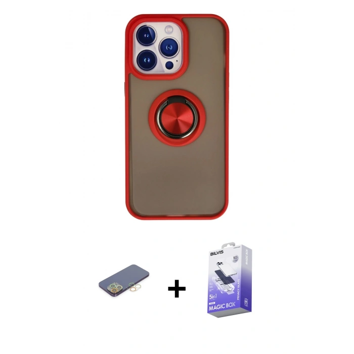 MARSİLYAN™- iPhone 13 Pro Max Kılıf Yörünge Çizgi - Siyah Bilvis 5in1 5D Magic Hayalet Cam Ekran Koruyucu + Renkli Kamera Lens Koruma Cam - SI