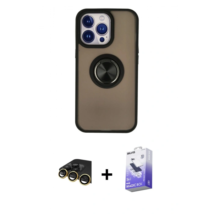MARSİLYAN™- iPhone 13 Pro Max Kılıf Yörünge Çizgi - Siyah Bilvis 5in1 5D Magic Hayalet Cam Ekran Koruyucu + Gold Raze Metal Kamera Lens