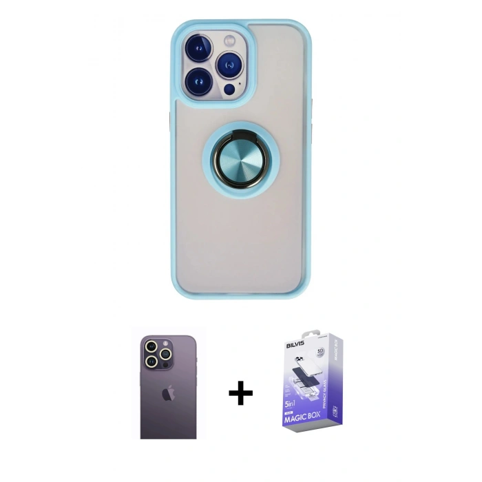 MARSİLYAN™- iPhone 13 Pro Max Kılıf Yörünge Çizgi - Siyah Bilvis 5in1 5D Magic Hayalet Cam Ekran Koruyucu + Neon Fosforlu Kamera Lens - BZ