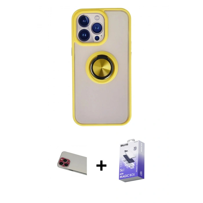 MARSİLYAN™- iPhone 13 Pro Max Kılıf Yörünge Çizgi - Siyah Bilvis 5in1 5D Magic Hayalet Cam Ekran Koruyucu + Rainbow Kamera Lens Koruma Cam - KI