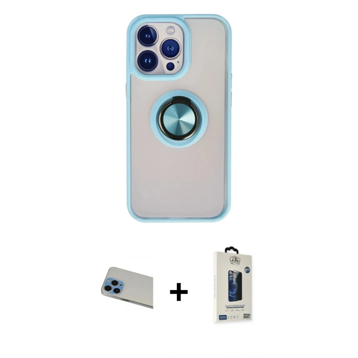 MARSİLYAN™- iPhone 13 Pro Max Kılıf Yörünge Çizgi - Siyah Bilvis Hayalet Cam Ekran Koruyucu + Mavi Rainbow Kamera Lens Koruma Cam