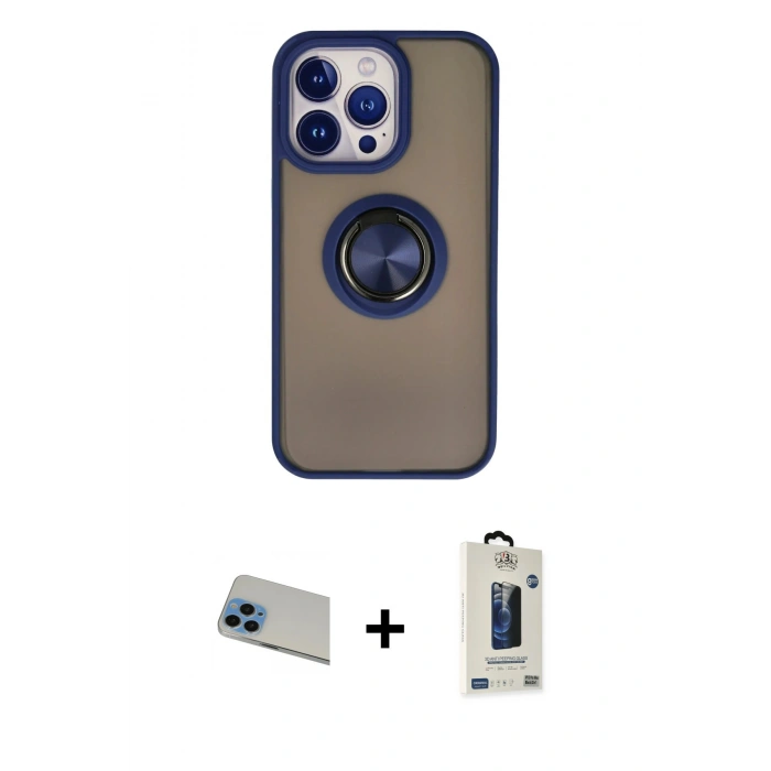 MARSİLYAN™- iPhone 13 Pro Max Kılıf Yörünge Çizgi - Siyah Bilvis Hayalet Cam Ekran Koruyucu + Mavi Rainbow Kamera Lens Koruma Cam