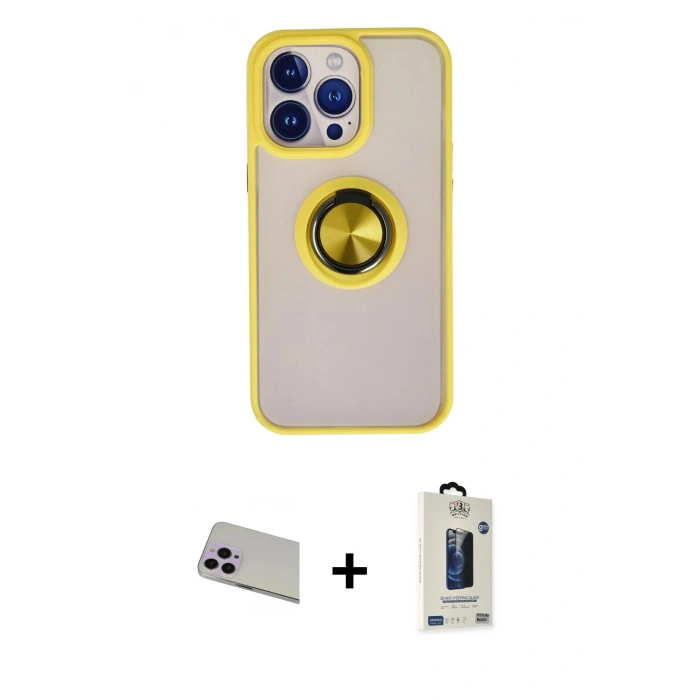 MARSİLYAN™- iPhone 13 Pro Max Kılıf Yörünge Çizgi - Siyah Bilvis Hayalet Cam Ekran Koruyucu + Rainbow Kamera Lens Koruma Cam - MR