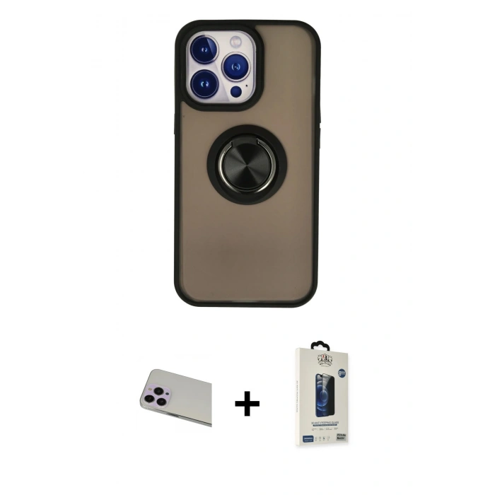 MARSİLYAN™- iPhone 13 Pro Max Kılıf Yörünge Çizgi - Siyah Bilvis Hayalet Cam Ekran Koruyucu + Rainbow Kamera Lens Koruma Cam - MR