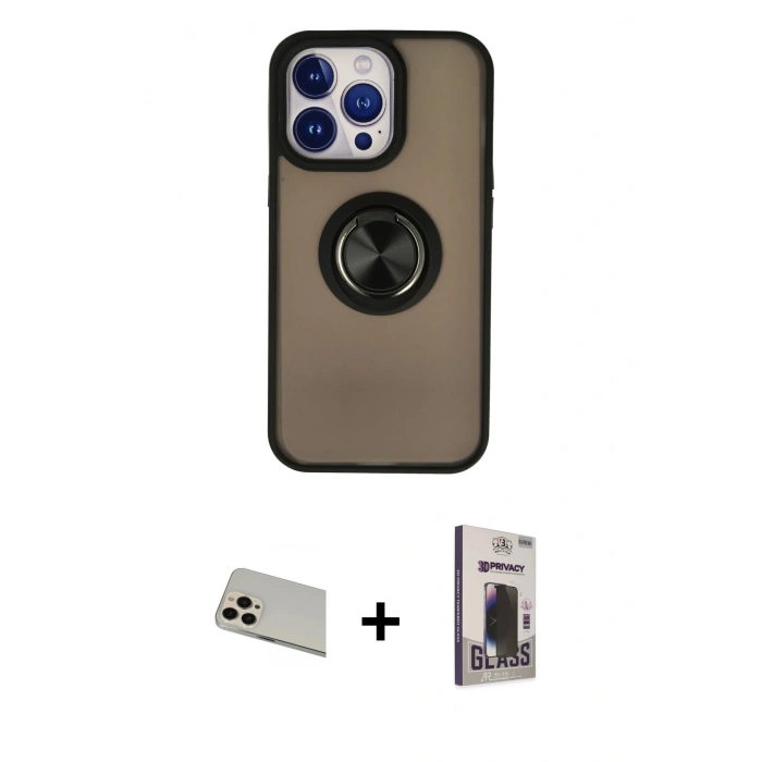 MARSİLYAN™- iPhone 13 Pro Max Kılıf Yörünge Çizgi - Siyah Bilvis Hayalet Cam Ekran Koruyucu + Rainbow Kamera Lens Koruma Cam - REGD