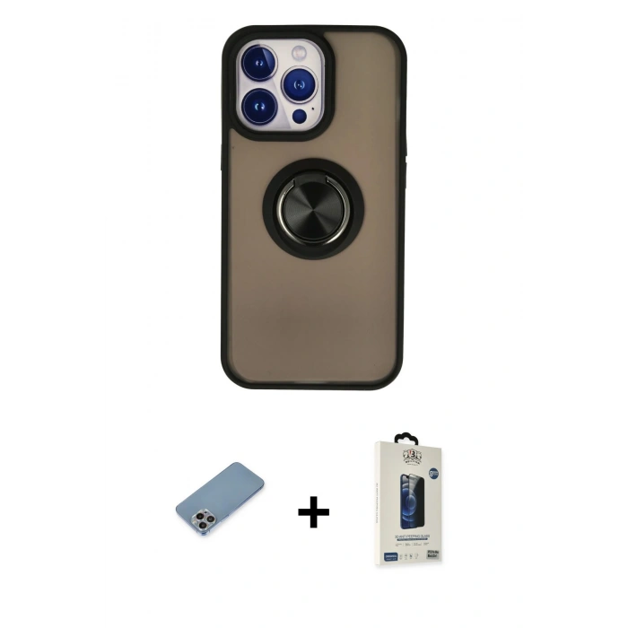 MARSİLYAN™- iPhone 13 Pro Max Kılıf Yörünge Çizgi - Siyah Bilvis Hayalet Cam Ekran Koruyucu + Shine Kamera Lens Koruma Cam - GI