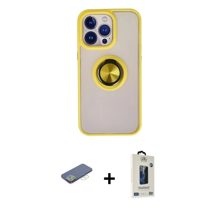 MARSİLYAN™- iPhone 13 Pro Max Kılıf Yörünge Çizgi - Siyah Bilvis Hayalet Cam Ekran Koruyucu + Renkli Kamera Lens Koruma Cam - YL