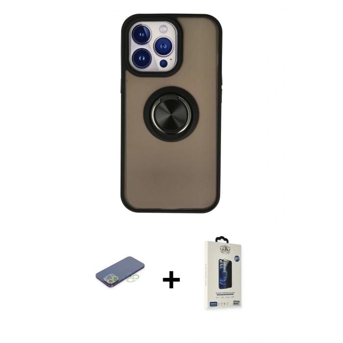 MARSİLYAN™- iPhone 13 Pro Max Kılıf Yörünge Çizgi - Siyah Bilvis Hayalet Cam Ekran Koruyucu + Renkli Kamera Lens Koruma Cam - YL