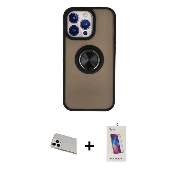 MARSİLYAN™- iPhone 13 Pro Max Kılıf Yörünge Çizgi - Siyah Joko 5D Cam + Rainbow Kamera Lens Koruma Cam - BZ