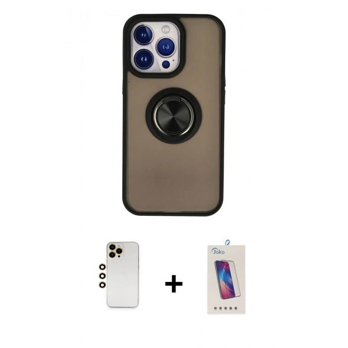 MARSİLYAN™- iPhone 13 Pro Max Kılıf Yörünge Çizgi - Siyah Joko 5D Cam + Gold Shine Kamera Lens