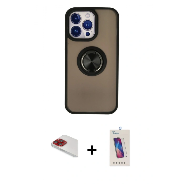 MARSİLYAN™- iPhone 13 Pro Max Kılıf Yörünge Çizgi - Siyah Joko 5D Cam + Pers Alüminyum Kamera Lens - KI