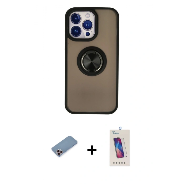 MARSİLYAN™- iPhone 13 Pro Max Kılıf Yörünge Çizgi - Siyah Joko 5D Cam + Shine Kamera Lens Koruma Cam - PE