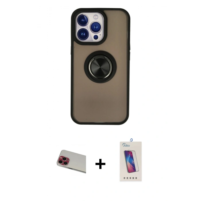 MARSİLYAN™- iPhone 13 Pro Max Kılıf Yörünge Çizgi - Siyah Joko 5D Cam + Rainbow Kamera Lens Koruma Cam - KI