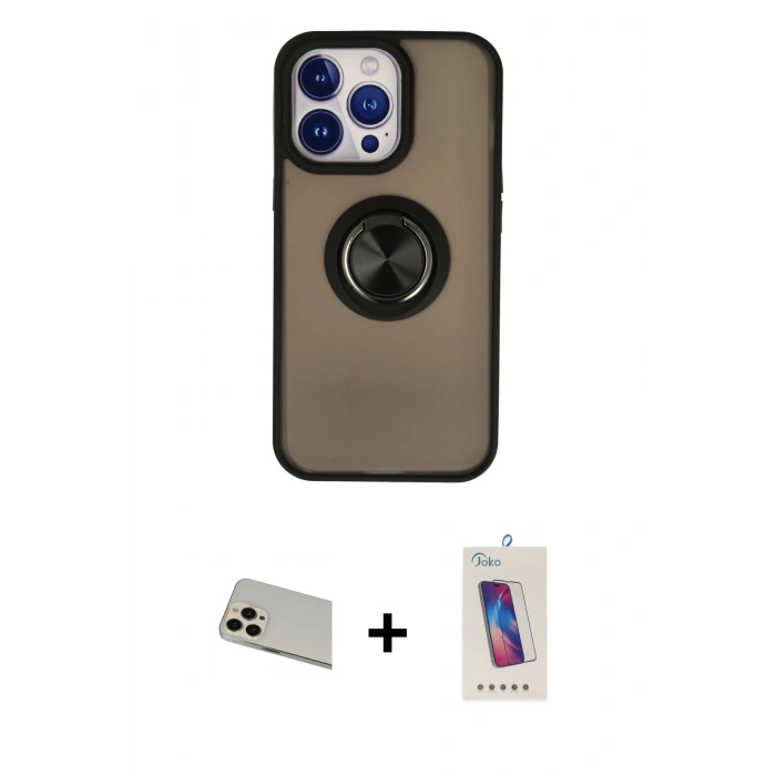 MARSİLYAN™- iPhone 13 Pro Max Kılıf Yörünge Çizgi - Siyah Joko 5D Cam + Rainbow Kamera Lens Koruma Cam - REGD